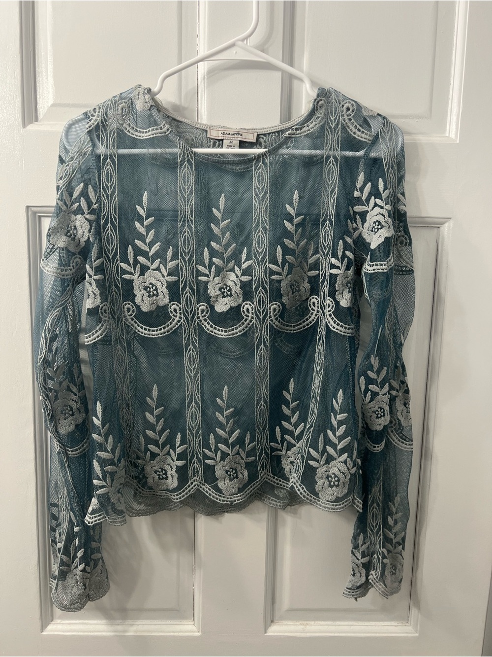 Adam Levine Collection Teal Lace Overlay Top with White Embroidery - Picture 3 of 3